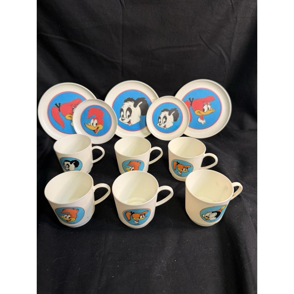 Vintage Woody Woodpecker Plastic Tea Set Cups Plates Lot Walter Lantz Child Set